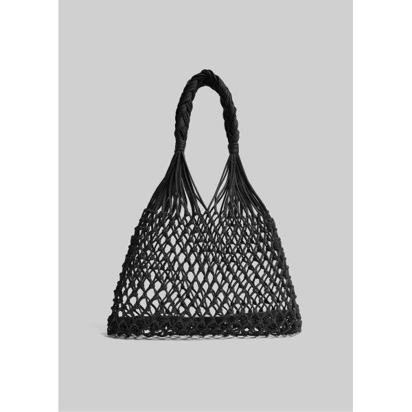 The Frankie Shop Naia Leather Macrame Bag in Black, view 3