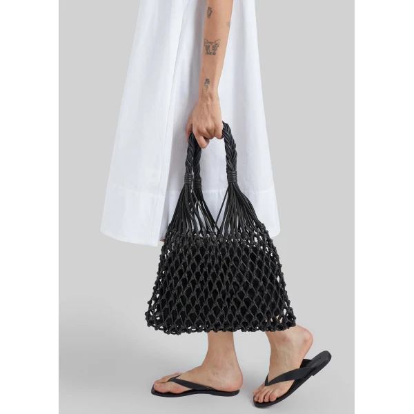 The Frankie Shop Naia Leather Macrame Bag in Black, view 4