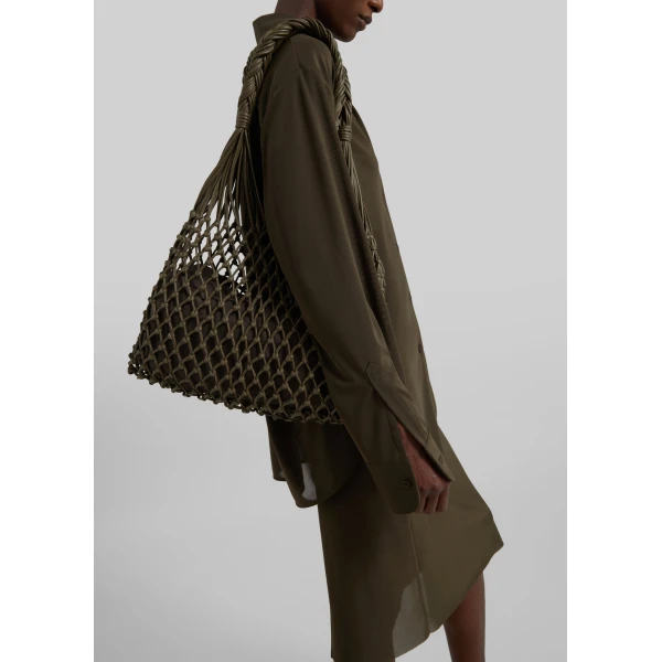 The Frankie Shop Naia Leather Macrame Bag in Olive Brown, view 2