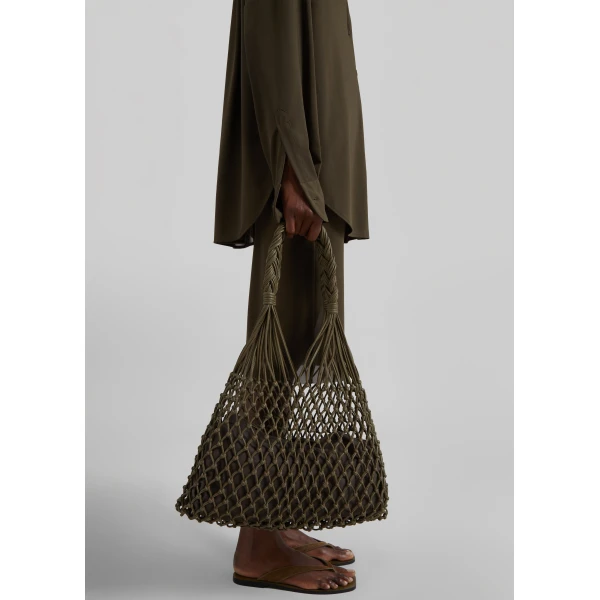 The Frankie Shop Naia Leather Macrame Bag in Olive Brown, view 3
