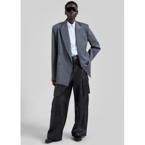 The Frankie Shop Newark Double Breasted Blazer in Grey and White Pinstripe, view 3