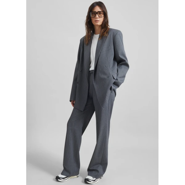 The Frankie Shop Newark Double Breasted Blazer in Grey and White Pinstripe, view 6