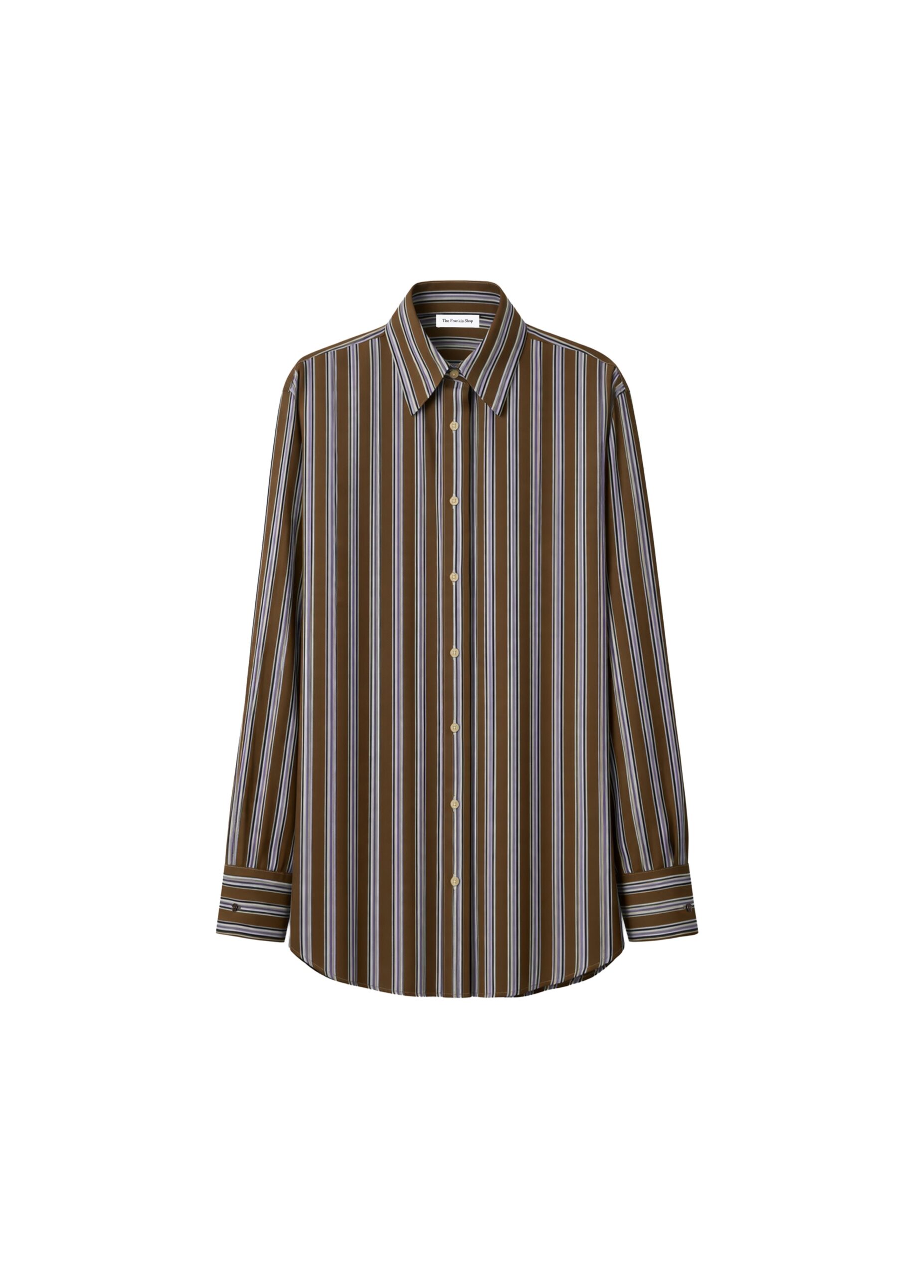 The Frankie Shop Peri Shirt in Brown Multi Stripe | Tops | Luxury Shoes The Frankie Shop Peri Shirt in Brown Multi Stripe