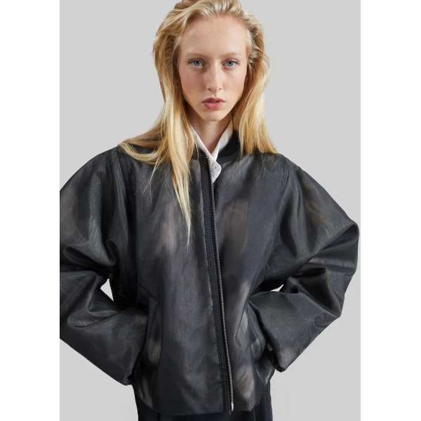 The Frankie Shop Pietra Fur Mesh Bomber Jacket in Grey, view 3