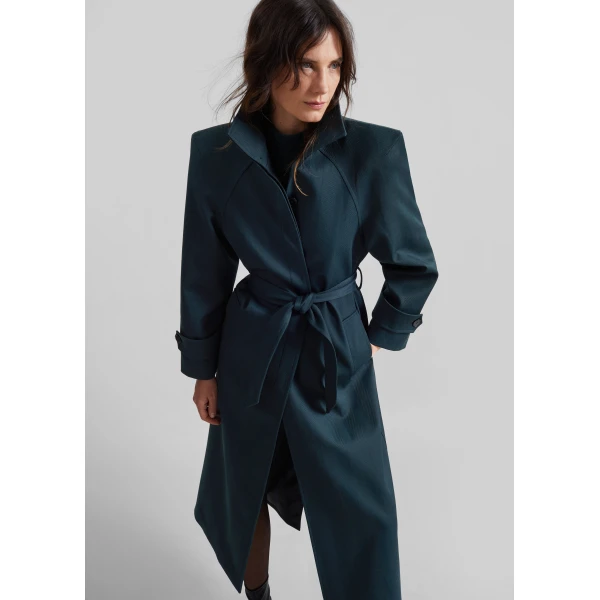 The Frankie Shop Skye Padded Trench Coat in Bottle Green, view 2