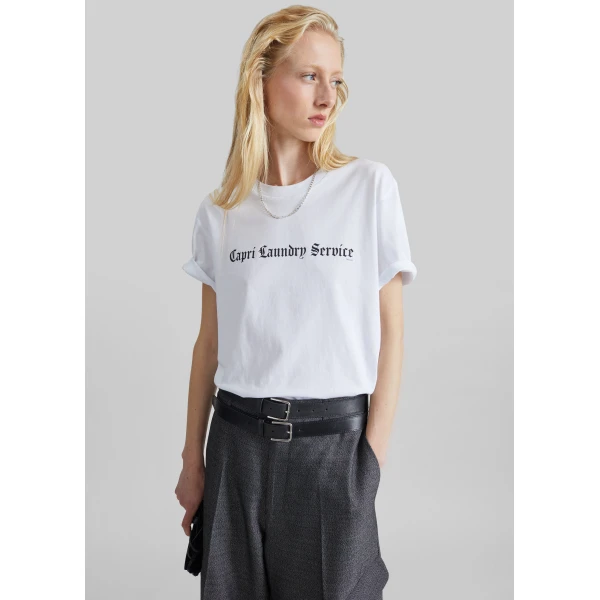 The Frankie Shop TFS Capri Laundry Service T-Shirt in White and Black, view 2