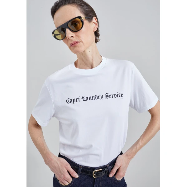 The Frankie Shop TFS Capri Laundry Service T-Shirt in White and Black, view 4