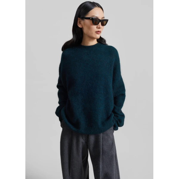 The Frankie Shop Timea Mohair Fuzzy Sweater in Bottle Green, view 2