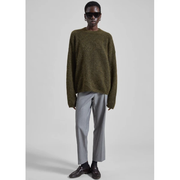 The Frankie Shop Timea Mohair Fuzzy Sweater in Dark Olive, view 2