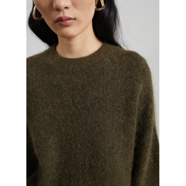 The Frankie Shop Timea Mohair Fuzzy Sweater in Dark Olive, view 5