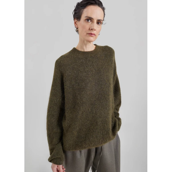 The Frankie Shop Timea Mohair Fuzzy Sweater in Dark Olive, view 6