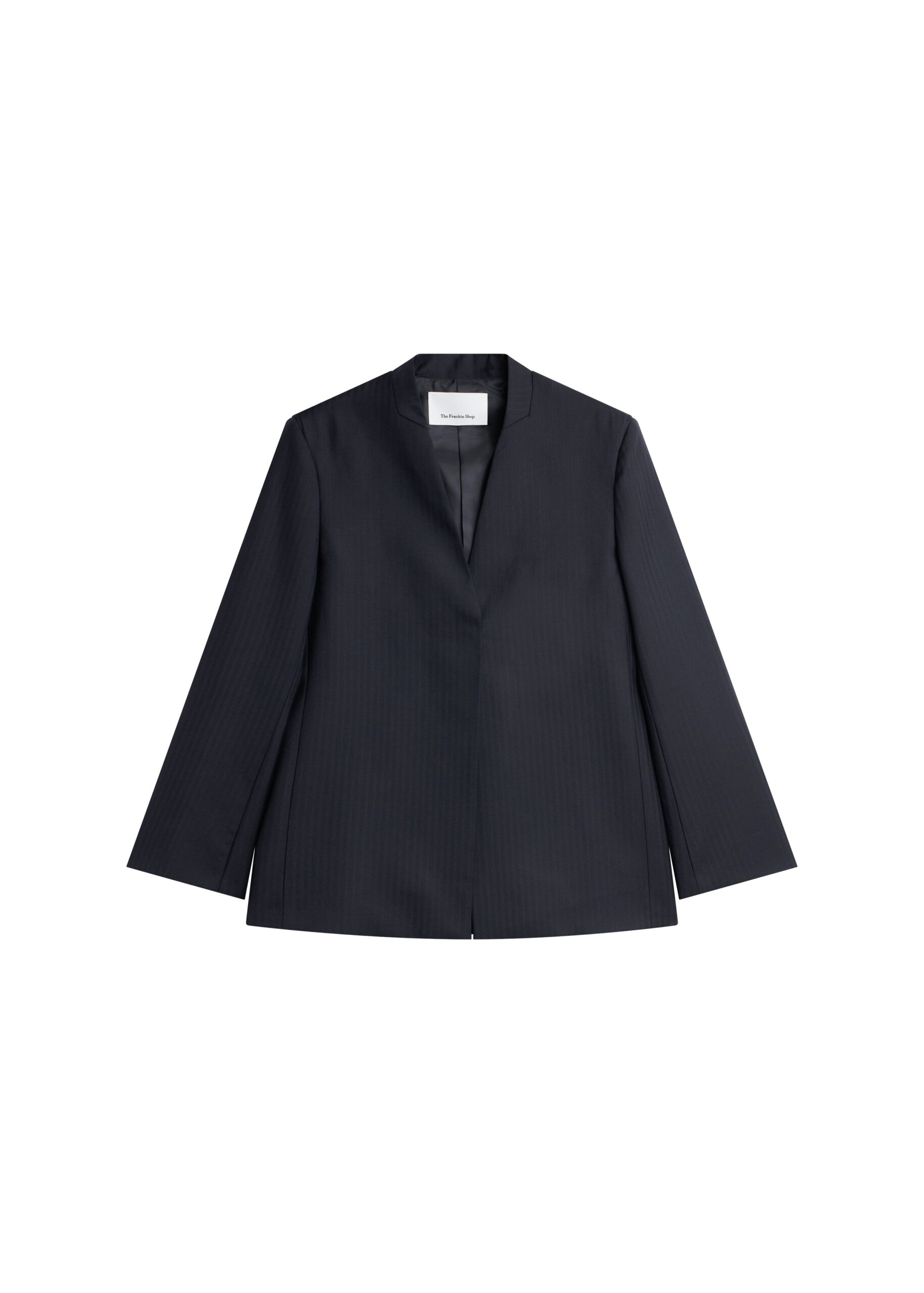 The Frankie Shop Trevis Chevron Collarless Blazer in Black | Jackets | Luxury Shoes The Frankie Shop Trevis Chevron Collarless Blazer in Black