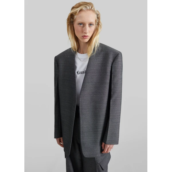 The Frankie Shop Trevis Collarless Blazer in Black Melange, view 5