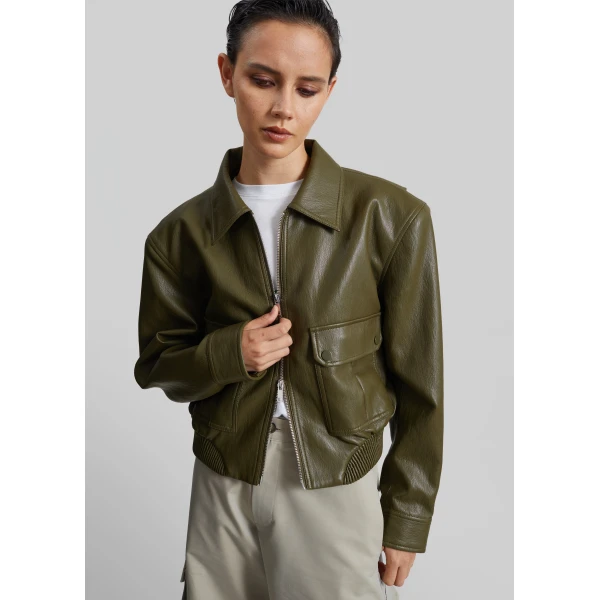 The Frankie Shop Val Faux Leather Padded Jacket in Army Green, view 2