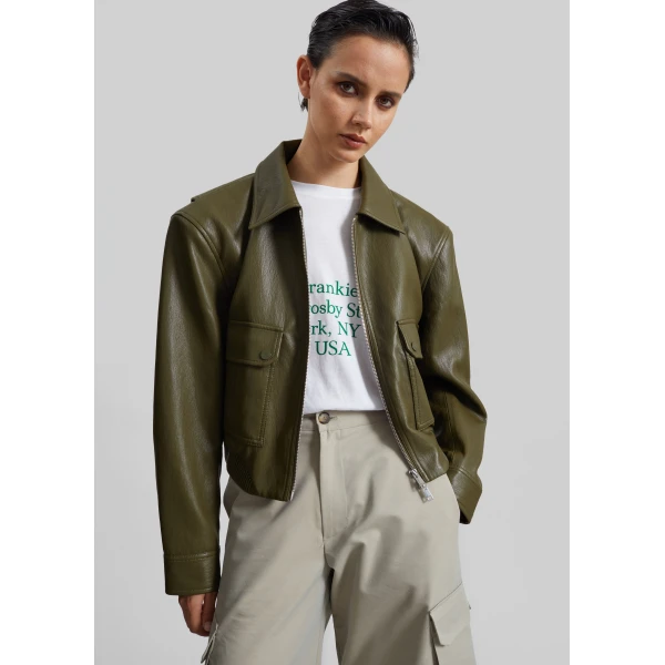 The Frankie Shop Val Faux Leather Padded Jacket in Army Green, view 6