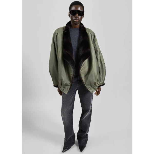 The Frankie Shop Vera Faux Fur Reversible Short Coat in Brown and Green, view 2