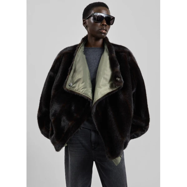 The Frankie Shop Vera Faux Fur Reversible Short Coat in Brown and Green, view 3