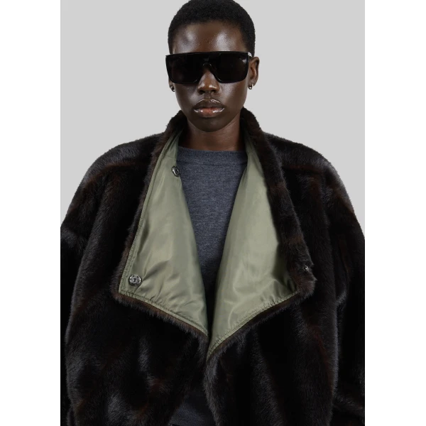 The Frankie Shop Vera Faux Fur Reversible Short Coat in Brown and Green, view 4