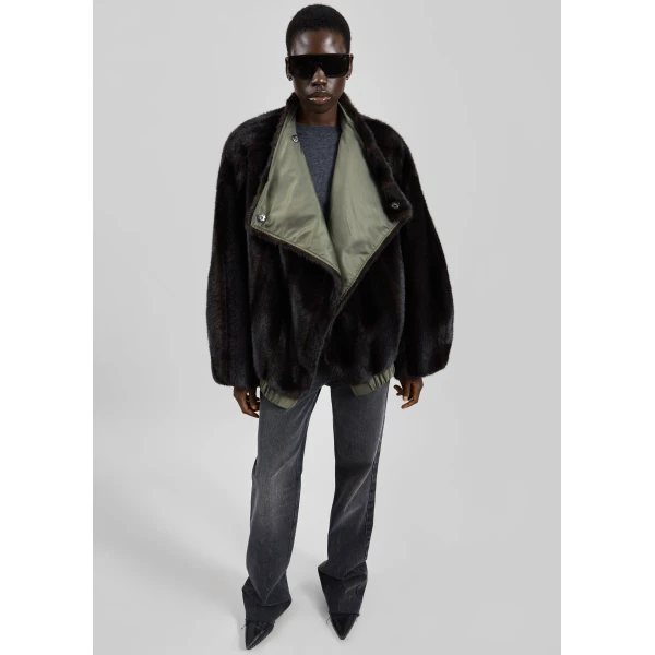 The Frankie Shop Vera Faux Fur Reversible Short Coat in Brown and Green, view 6