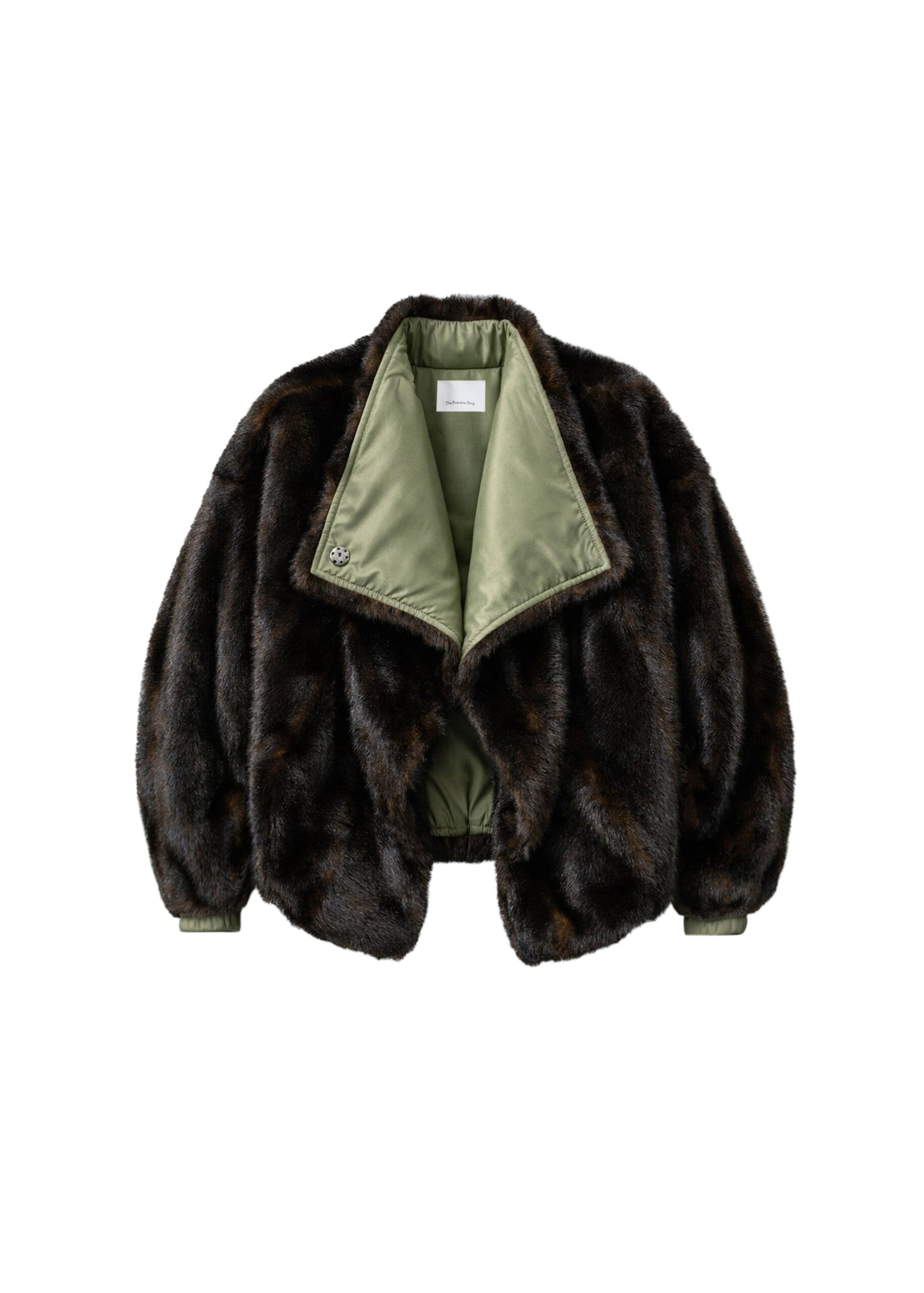 The Frankie Shop Vera Faux Fur Reversible Short Coat in Brown and Green | Coats | Luxury Shoes The Frankie Shop Vera Faux Fur Reversible Short Coat in Brown and Green