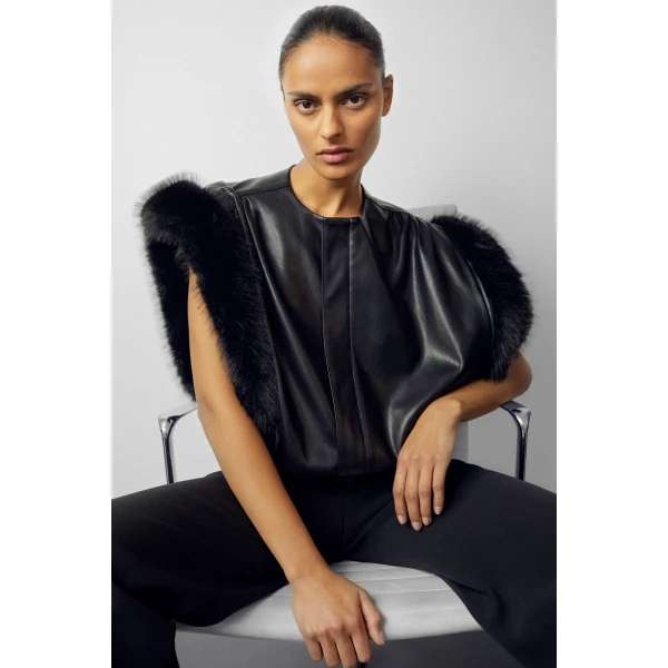 The Frankie Shop Vieste Faux Fur Trim Vest in Black, view 2
