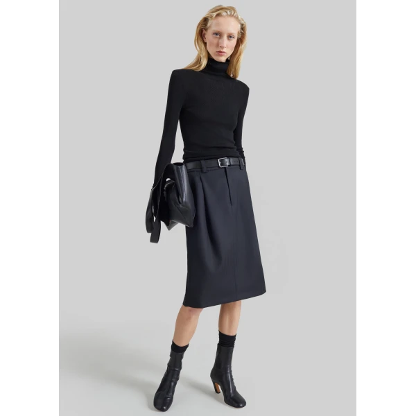 The Frankie Shop Viviana Chevron Tailored Midi Skirt in Black, view 2