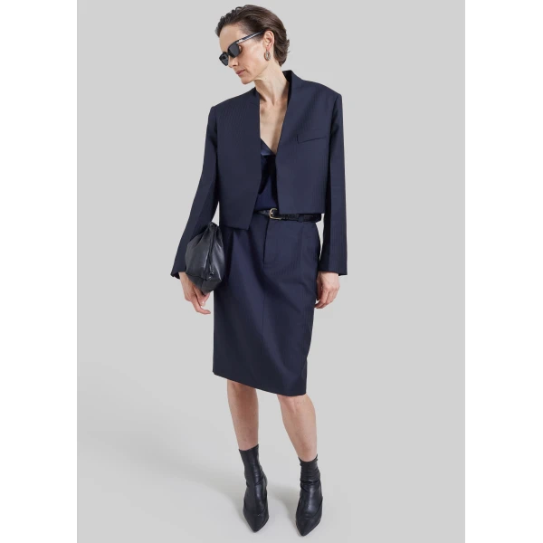 The Frankie Shop Viviana Chevron Tailored Midi Skirt in Dark Navy, view 2