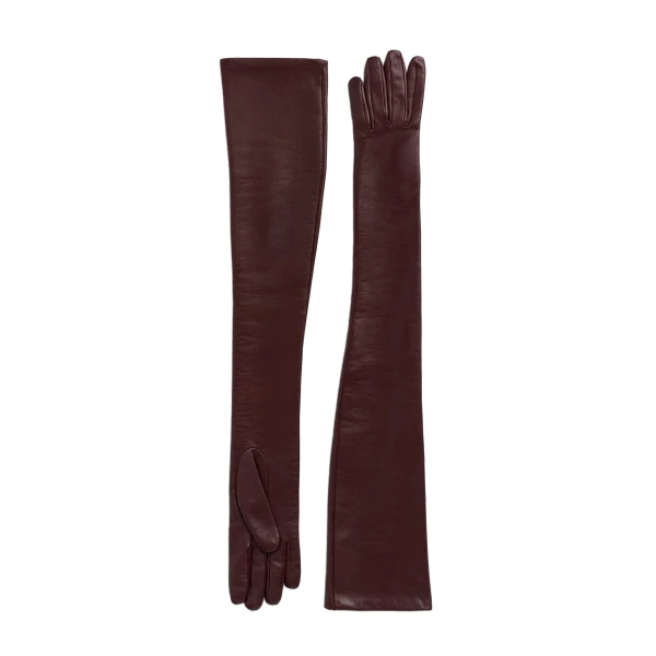 Extra-long leather gloves in Bordeaux