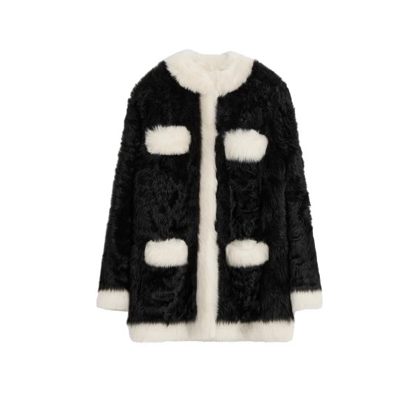 Silky shearling pocket jacket in Black / Natural