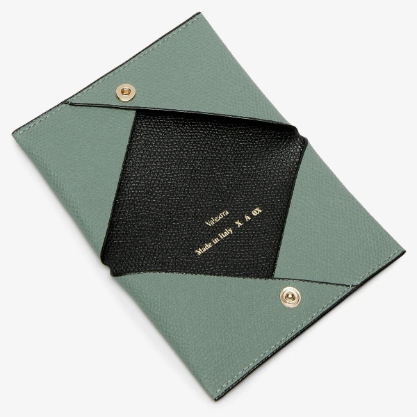 Valextra Card Case with Button in Eucalyptus Green and Black | Wallets & Purses | Luxury Shoes 