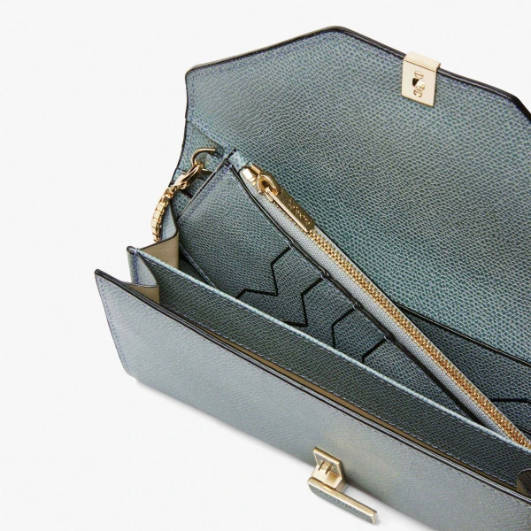Valextra Iside Continental Purse with Chain in Smokey Blue | Wallets & Purses | Luxury Shoes 