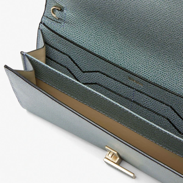 Valextra Iside Continental Purse with Chain in Smokey Blue | Wallets & Purses | Luxury Shoes 