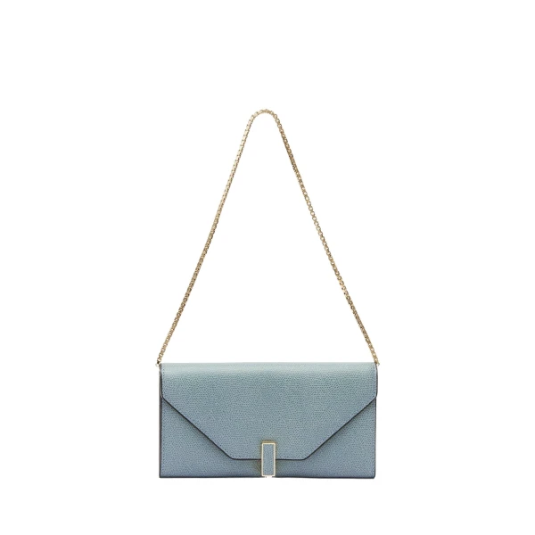 Valextra Iside Continental Purse with Chain in Smokey Blue | Wallets & Purses | Luxury Shoes 