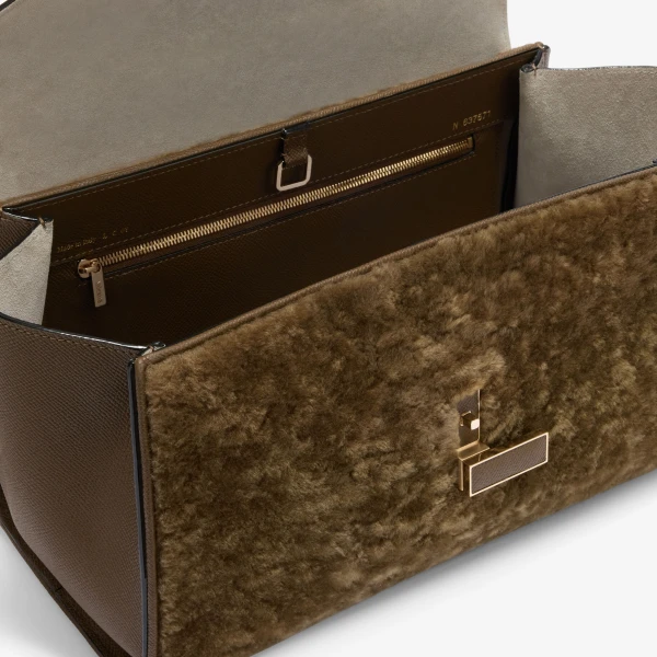 Valextra Iside Editor Shearling Top Handle Bag in Khaki | Totes & Top-Handle Bags | Luxury Shoes 