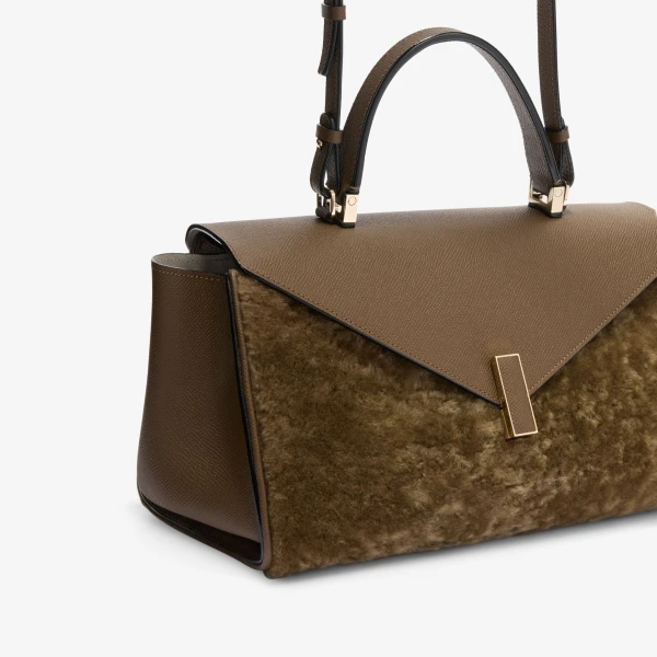 Valextra Iside Editor Shearling Top Handle Bag in Khaki | Totes & Top-Handle Bags | Luxury Shoes 