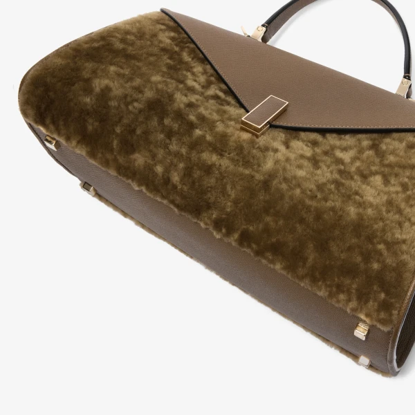 Valextra Iside Editor Shearling Top Handle Bag in Khaki | Totes & Top-Handle Bags | Luxury Shoes 