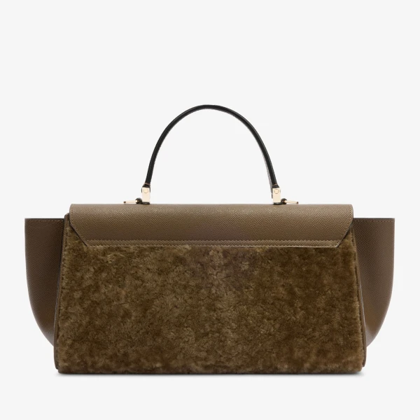 Valextra Iside Editor Shearling Top Handle Bag in Khaki | Totes & Top-Handle Bags | Luxury Shoes 