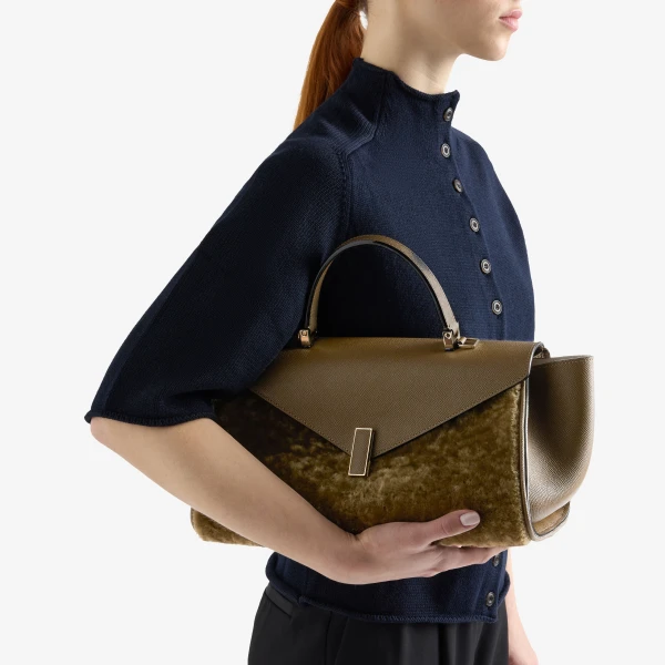 Valextra Iside Editor Shearling Top Handle Bag in Khaki | Totes & Top-Handle Bags | Luxury Shoes 