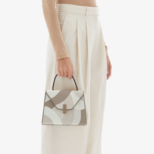 Valextra Iside Patchwork Top Handle Mini Bag in Oyster Brown and Beige Colour Mix | Mini Bags | Luxury Shoes 