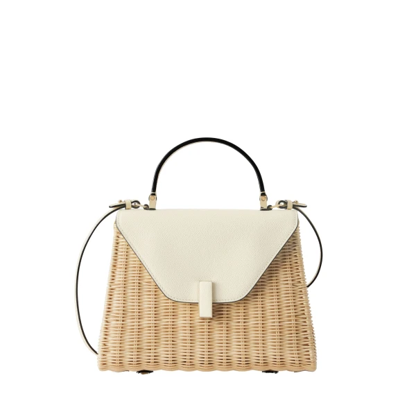 Iside Wicker Top Handle Medium Bag in Beige and Pergamena White