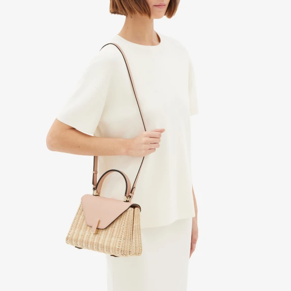 Valextra Iside Wicker Top Handle Mini Bag in Beige and Bonne Mine Pink | Mini Bags | Luxury Shoes 