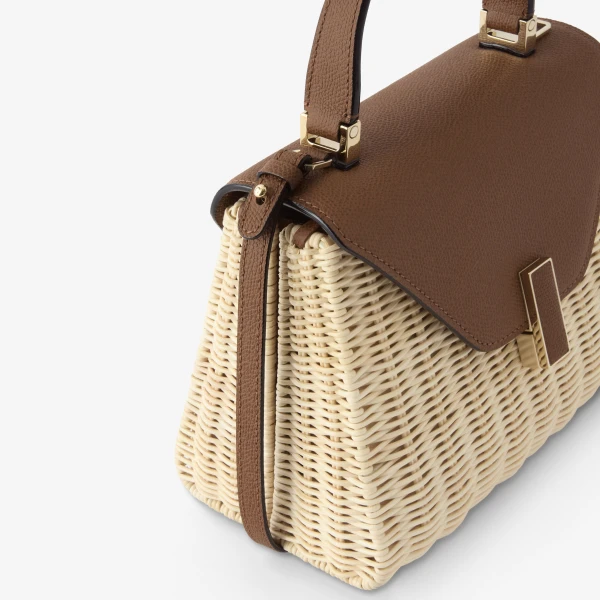Valextra Iside Wicker Top Handle Mini Bag in Beige and Chocolate Brown | Mini Bags | Luxury Shoes 