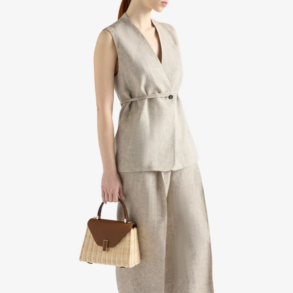 Valextra Iside Wicker Top Handle Mini Bag in Beige and Chocolate Brown | Mini Bags | Luxury Shoes 
