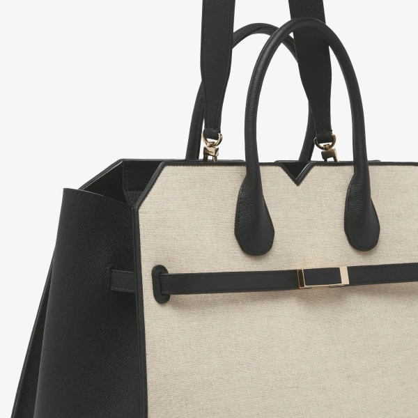 Valextra Milano Canvas Two Handles Large Bag in Sand Brown and Black | Totes & Top-Handle Bags | Luxury Shoes 