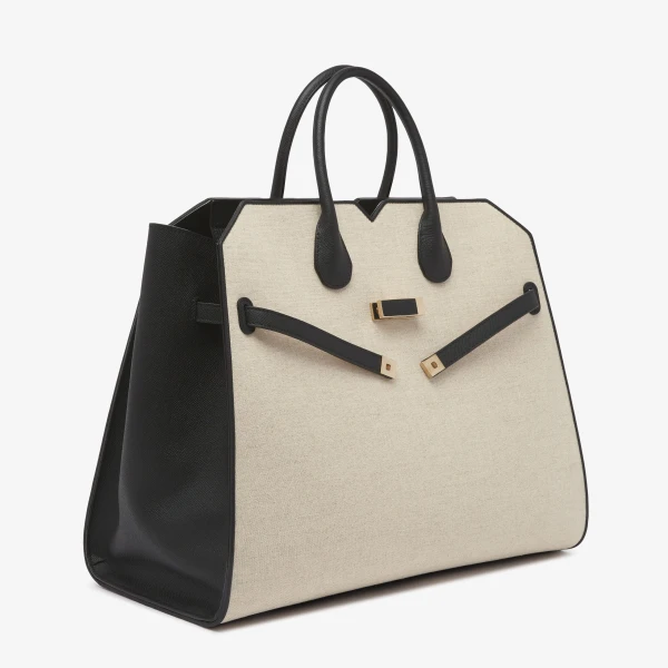 Valextra Milano Canvas Two Handles Large Bag in Sand Brown and Black | Totes & Top-Handle Bags | Luxury Shoes 