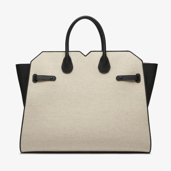 Valextra Milano Canvas Two Handles Large Bag in Sand Brown and Black | Totes & Top-Handle Bags | Luxury Shoes 
