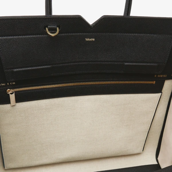Valextra Milano Canvas Two Handles Large Bag in Sand Brown and Black | Totes & Top-Handle Bags | Luxury Shoes 