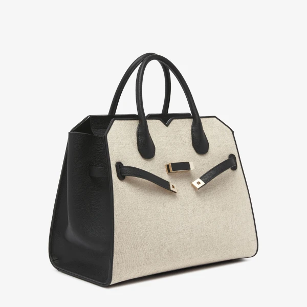 Valextra Milano Canvas Two Handles Medium Bag in Sand Brown and Black | Totes & Top-Handle Bags | Luxury Shoes 