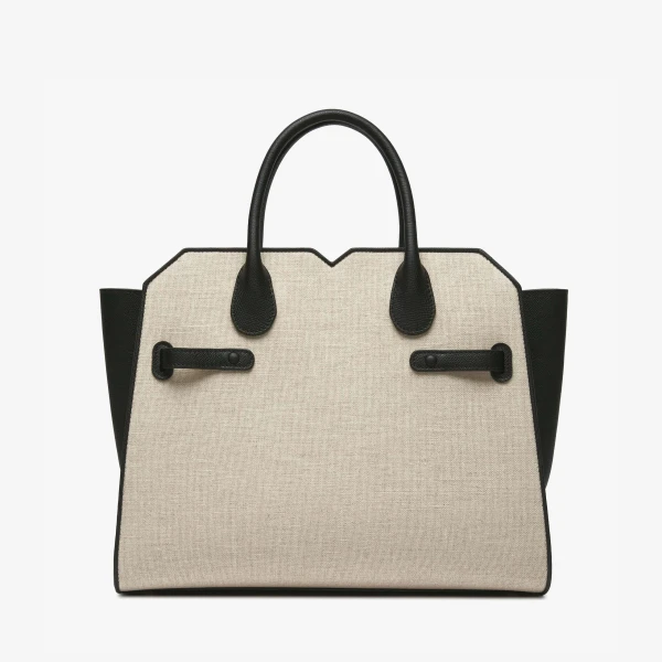 Valextra Milano Canvas Two Handles Medium Bag in Sand Brown and Black | Totes & Top-Handle Bags | Luxury Shoes 