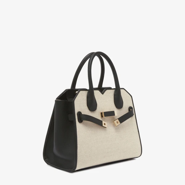 Valextra Milano Canvas Two Handles Mini Bag in Sand Brown and Black | Mini Bags | Luxury Shoes 